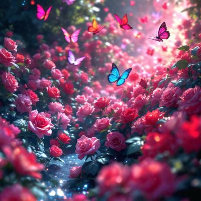 The primary subject of the image is a beautiful garden filled with a variety of pink and red flowers. The setting is a lush, colorful field with a backdrop of a forest. The visual style is a combination of photo and digital art, creating a vibrant and realistic scene. The dominant colors are pink and red, giving the garden a warm and inviting atmosphere.